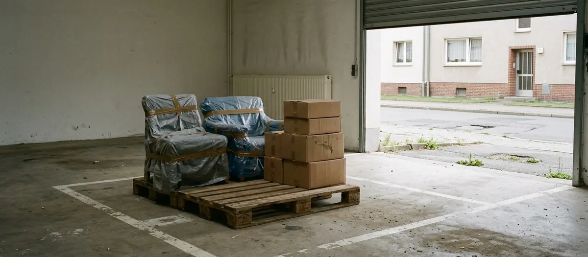 Foliierte Sessel und gestapelte Kartons auf einer Palette in einer leeren Lagerbox mit offenem Tor
