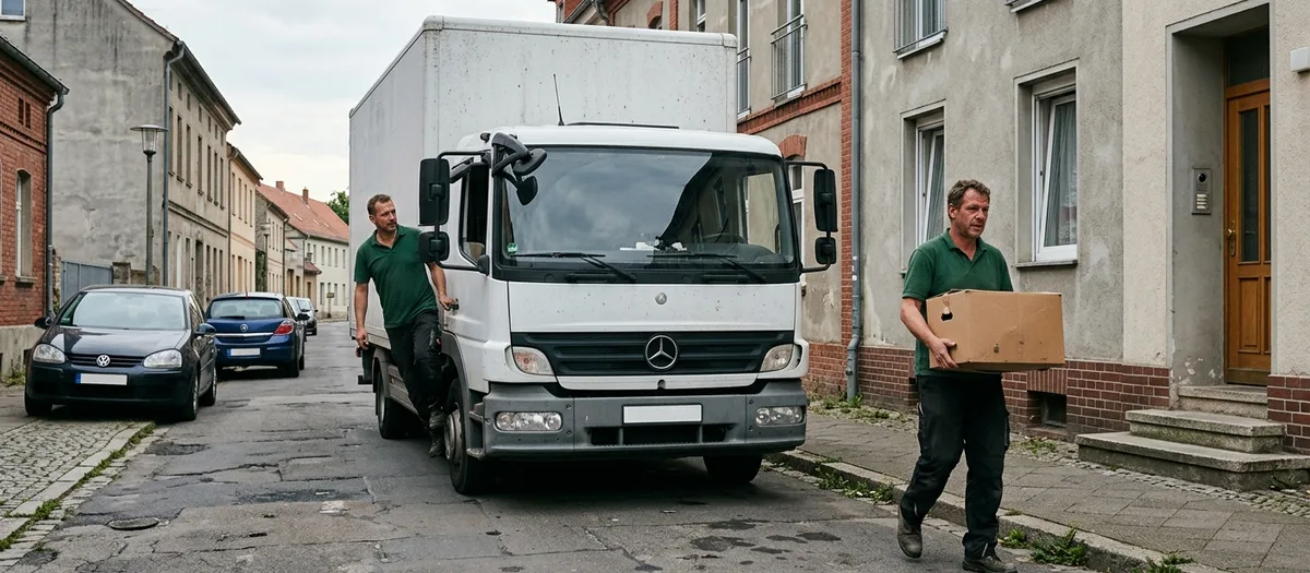 Kofferwagen steht in einer Kopfsteinpflasterstraße, ein Träger bringt einen Karton zum Haus