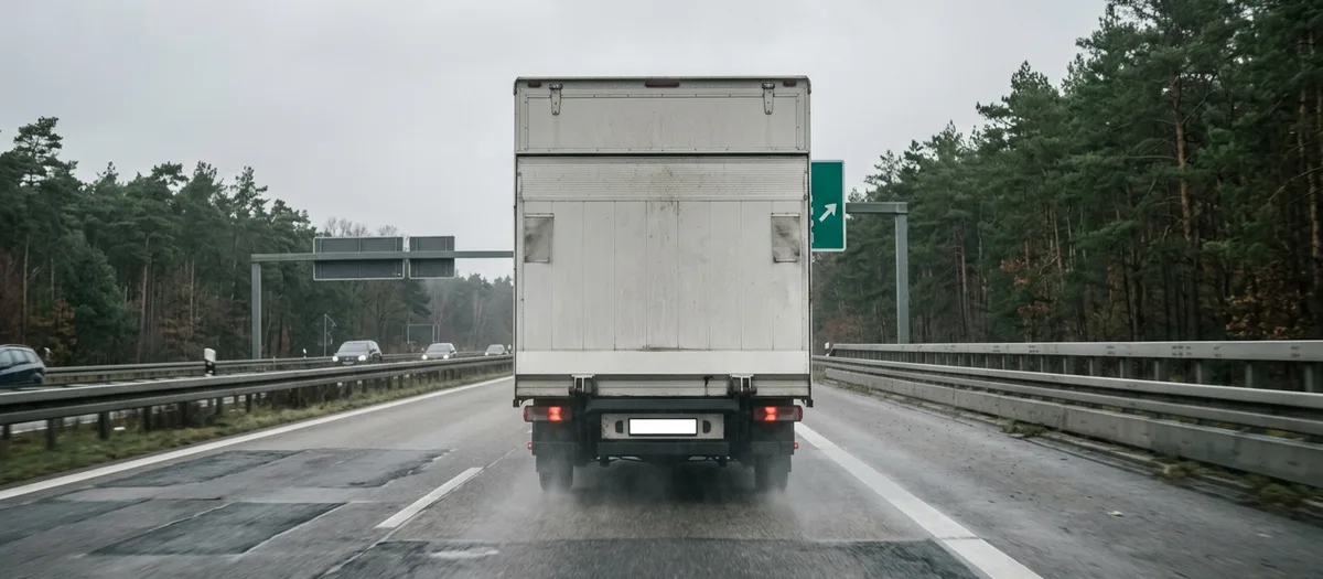 Weißer Kofferlastwagen fährt bei Nässe über die Autobahn, Sprühfahne hinter den Rädern, Wald am Rand