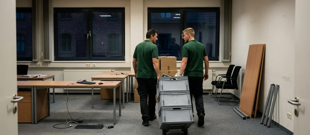 Zwei Mitarbeiter schieben gestapelte Transportboxen durch ein leergeräumtes Büro mit offenen Kabeln