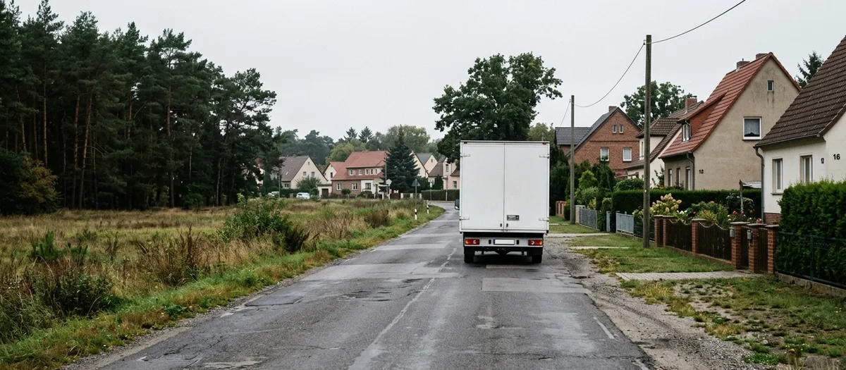 Weißer Kofferwagen fährt eine Dorfstraße entlang, links Kiefernwald, rechts Einfamilienhäuser
