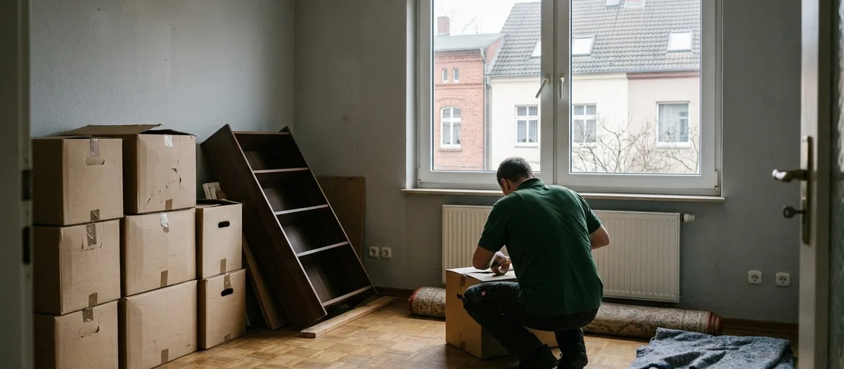 Mann in grünem Polo klebt einen Umzugskarton zu, daneben Kartonstapel und ein angelehntes Regal
