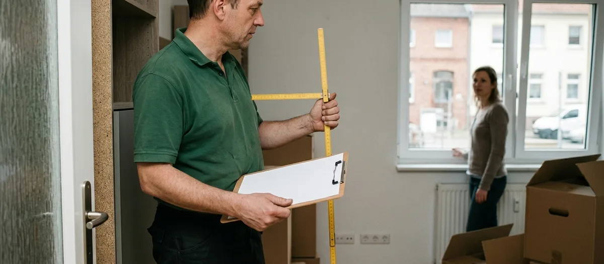 Mitarbeiter misst mit dem Zollstock einen Einbauschrank aus, das Klemmbrett in der anderen Hand