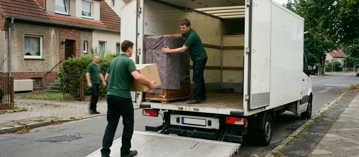 Drei Träger beladen einen weißen Kofferwagen am Straßenrand, einer schiebt eine verpackte Kommode hinein
