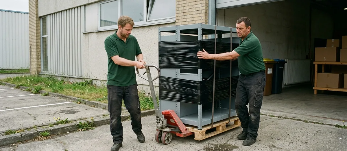 Zwei Männer schieben ein zerlegtes Metallregal auf einer Palette mit dem Hubwagen zum Hallentor